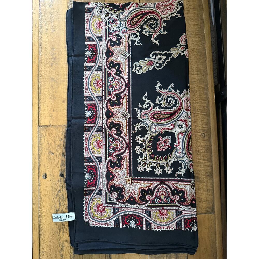 Vintage Christian Dior Scarf Womens One Size Black Silk Paisley Square Logo - Picture 4 of 9